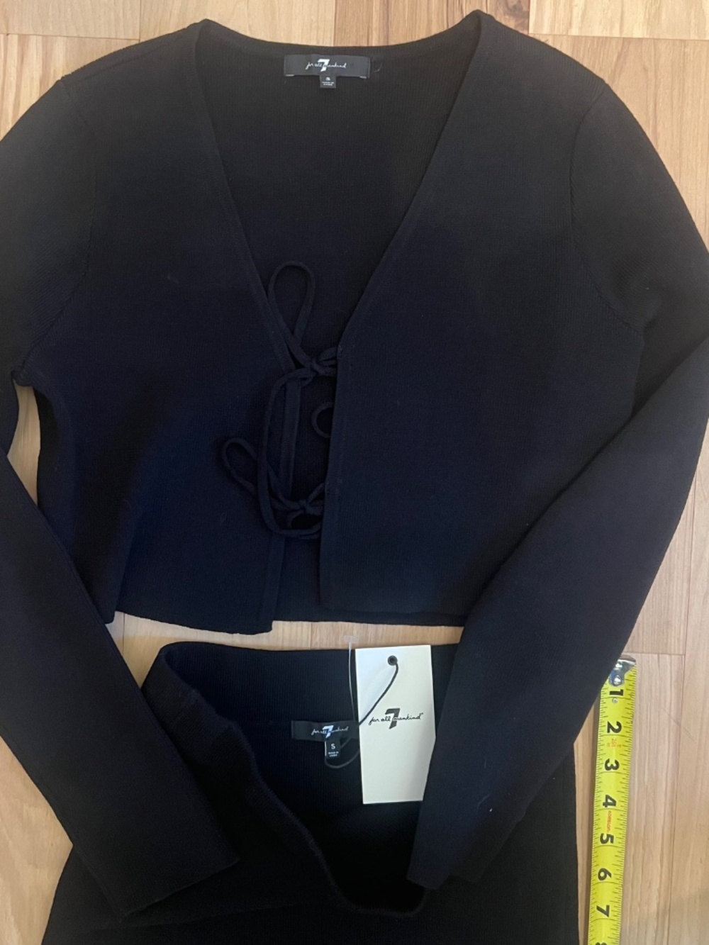 NWT 7 For All Mankind Black Knit 2 Piece Set Tie Front Crop Cardigan & Wrap Midi